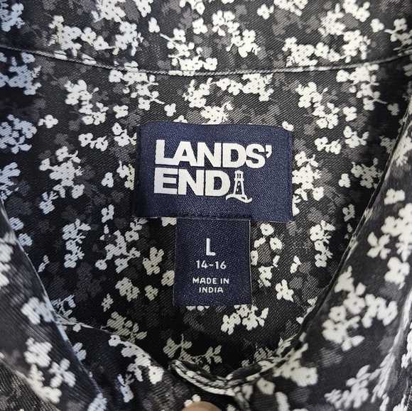 Lands' End Micro Floral Popover Blouse Long Sleeve Black White Women's Large - Picture 5 of 8